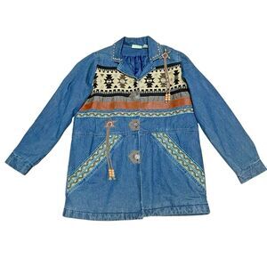 220 Hickory Women's Aztec Denim Jacket Blue Western Detail Size Small‎